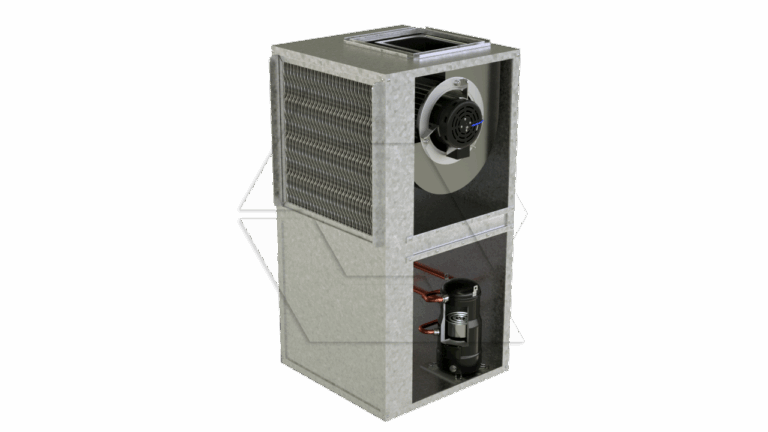 A metal HVAC unit with a visible fan and coil on the top section and a compressor in the bottom section, shown on a plain white background.