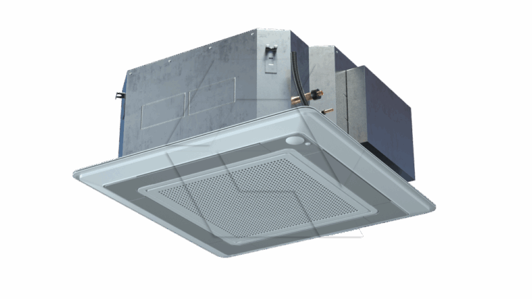 A ceiling-mounted cassette air conditioning unit with a metallic body and a vented front panel, designed for indoor climate control, shown against a plain white background.