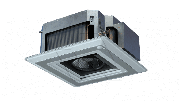 A ceiling-mounted cassette air conditioning unit with a square grille, visible internal fins, and black and metallic casing, isolated on a white background.