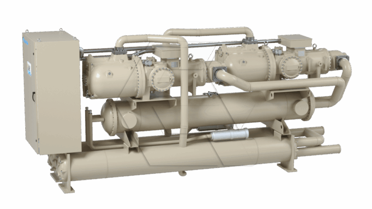 Large industrial chiller unit with multiple pipes, cylindrical compressors, and a control box, all in a beige color, designed for cooling and HVAC systems. The unit is freestanding on a white background.