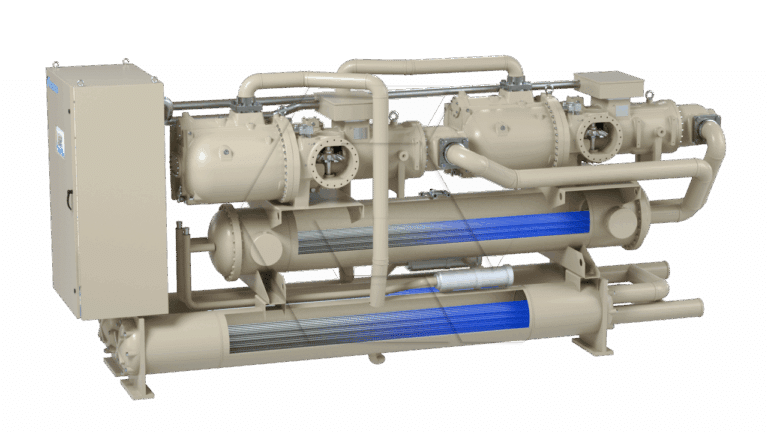 A large industrial chiller unit with beige piping, cylindrical tanks, and blue accent panels, used for cooling systems in commercial or industrial settings. It is mounted on a metal frame.