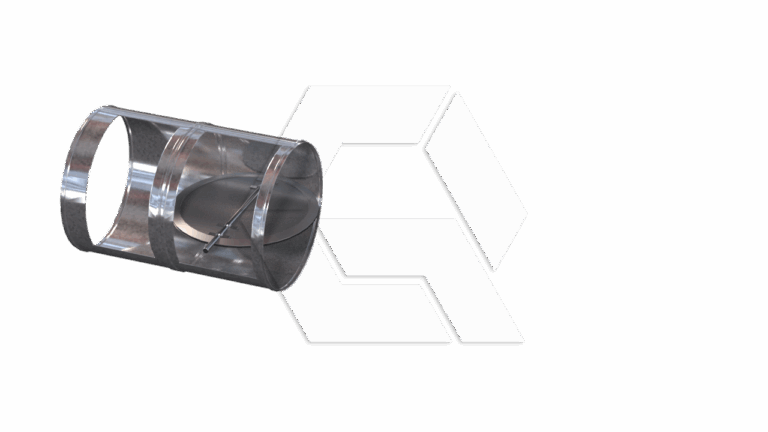 A transparent cylindrical object with metallic ends and a central dark circular element, set against a light background featuring a faint geometric hexagonal pattern.