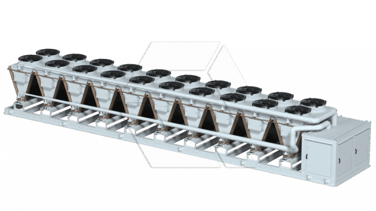 Industrial air-cooled chiller unit with multiple black fans on top, triangular supports, white piping, and a control box on one end, isolated on a white background.