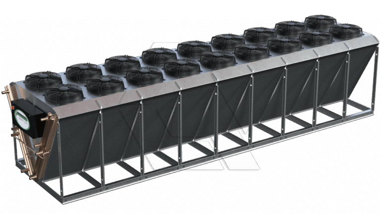 A large industrial air-cooled heat exchanger with multiple black fans on top, metal framework, and visible piping on one end, isolated on a white background.