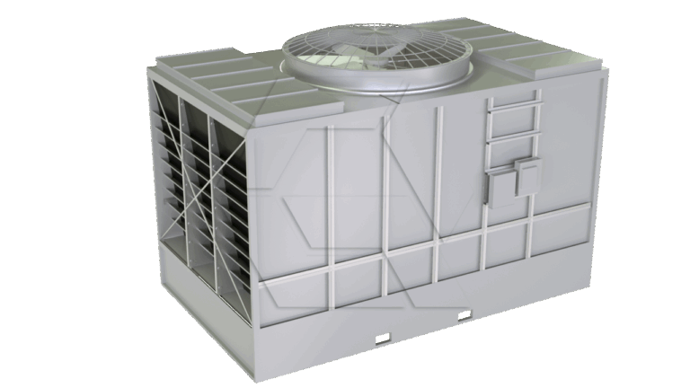 A 3D-rendered image of a large, rectangular industrial air conditioning unit with vents, a circular fan on top, a side ladder, and a gray metallic exterior.