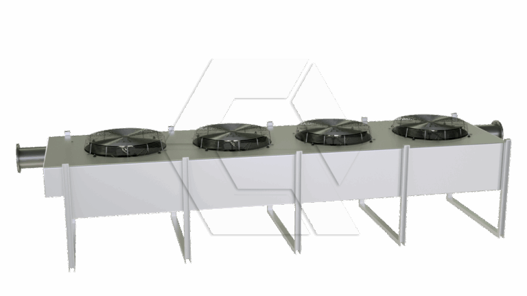 A rectangular industrial heat exchanger with four large circular fans on top, supported by a metal frame with legs, designed for cooling applications.