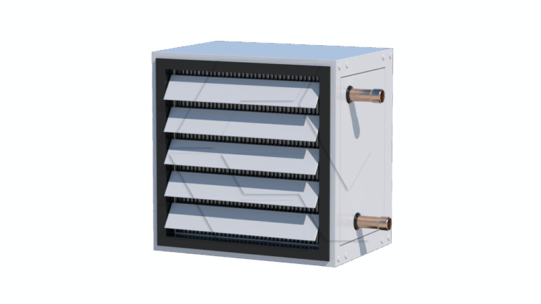 A white metal industrial air vent or heater unit with horizontal slats on the front and two copper pipes protruding from the side, isolated on a plain background.