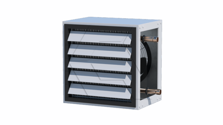 A metal industrial air vent or heater unit with horizontal slats and two pipe connections on the side, set against a plain white background.