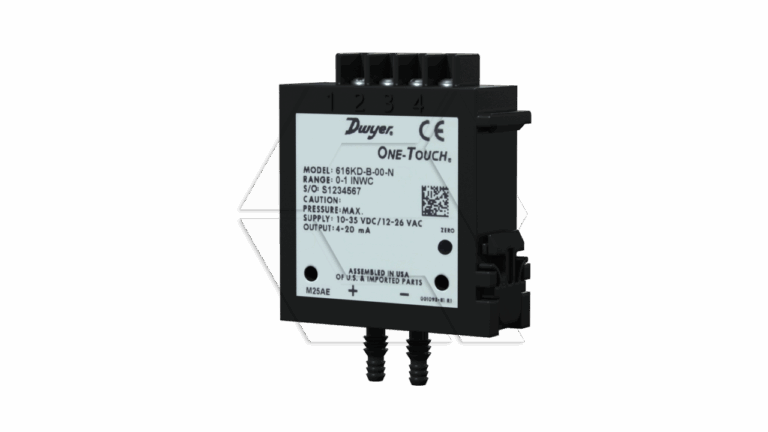 A Dwyer One-Touch pressure switch with labeled terminals, model 616KD-00-AV, black with a white label displaying specifications and caution information, and two hose connectors at the bottom.
