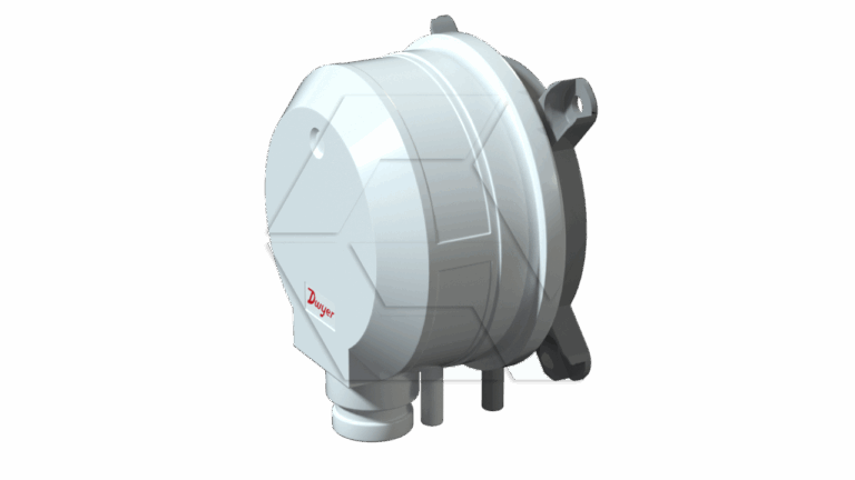 A 3D-rendered image of a round, white plastic industrial sensor or pressure switch with a small logo, two pipe connectors at the bottom, and mounting tabs on the back.