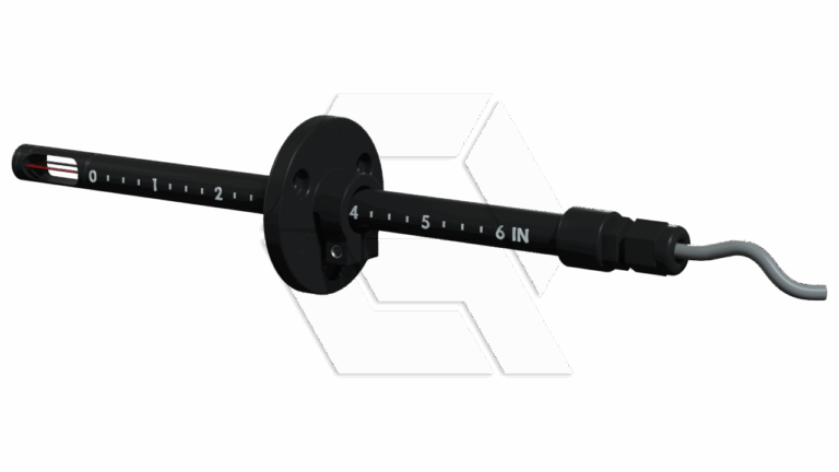 A black, cylindrical sensor with measurement markings in inches from 0 to 6, a circular mounting flange, and an electrical wire extending from one end.