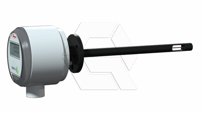 A digital airflow sensor with a round display unit and a long, black probe extending horizontally, featuring a small vented section near the tip.