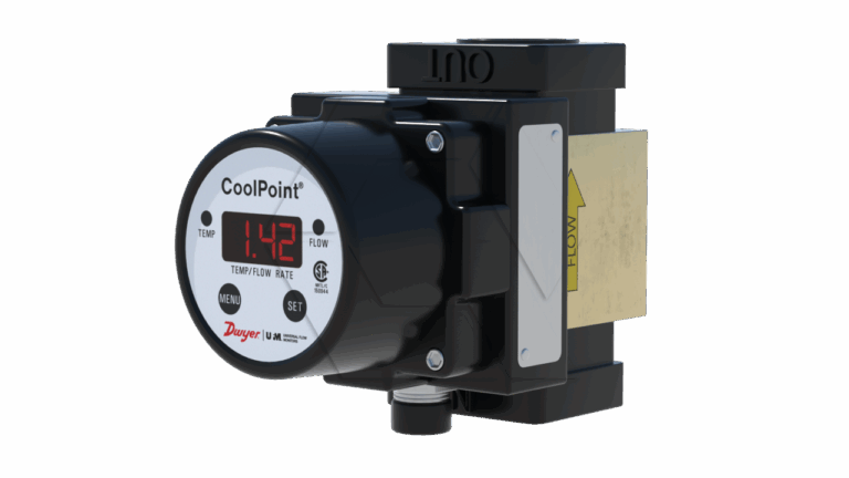 A black and silver Dwyer CoolPoint flow meter displays “1.42” on its digital screen, with labeled buttons and indicators for temperature and flow rate, and an arrow showing the flow direction.
