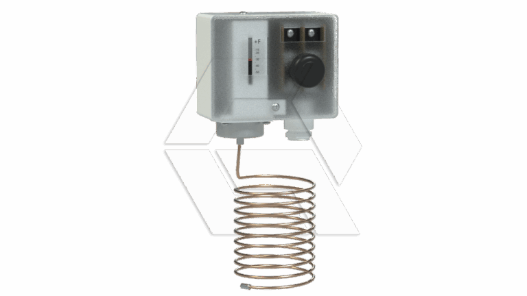 A gray temperature control device with a black knob, two indicator lights, a temperature scale, and a coiled metal sensor extending from the bottom against a plain background.
