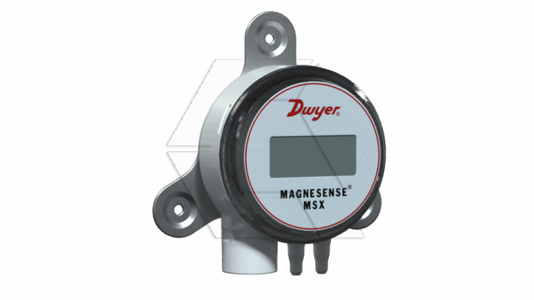 A round, wall-mounted digital sensor labeled "Dwyer Magnesense MSX" with a display screen and two protruding ports at the bottom. The device is white with a black trim and has mounting holes for installation.