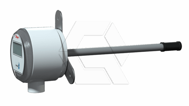 A digital air velocity and temperature transmitter with a cylindrical probe extending from a round, wall-mountable housing featuring a display screen and control buttons.