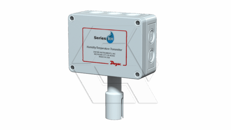 A rectangular gray humidity and temperature transmitter with a label reading "Series RH" and "Dwyer" on the front. It has a white sensor attached at the bottom and ports on the right side. The background is plain white.