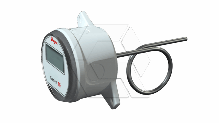 A digital temperature sensor with a circular display, labeled "Series TE," featuring a metallic probe and a mounting bracket against a plain background.