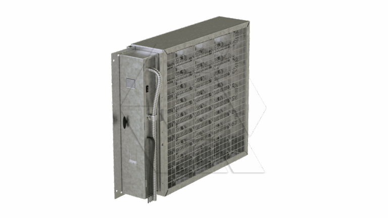 A metal industrial heating or cooling unit with a grated front panel, side-mounted control box, and attached wiring, set against a plain white background.