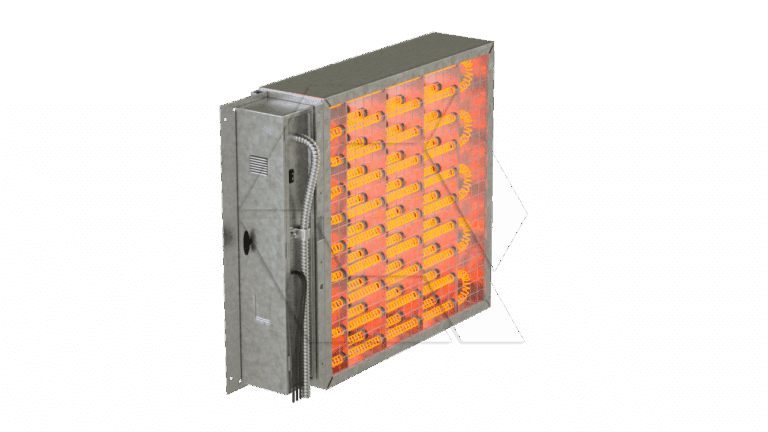 A metal electric duct heater with exposed orange heating coils arranged in rows, electrical wiring, and a control box on the side, isolated on a white background.