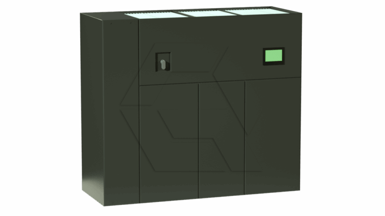 A large, rectangular, dark-colored industrial cabinet with a small handle on the left door and a green rectangular display on the right side. The top has vent-like openings. The background is plain white.