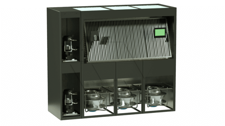 A black industrial kitchen appliance with three burners below stainless steel pots, vertical grill slats above, a green display, and visible internal components on the left side.