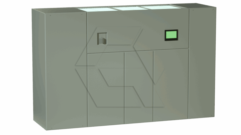 A large, rectangular, gray industrial machine with a small display screen, a handle, and vent openings on the top. The design is minimalist, with flat surfaces and no visible branding.