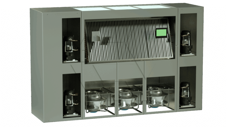 A large industrial refrigeration unit with multiple compressors on the sides, a central panel with a digital display, slatted metal vent, and three visible circular components at the bottom.