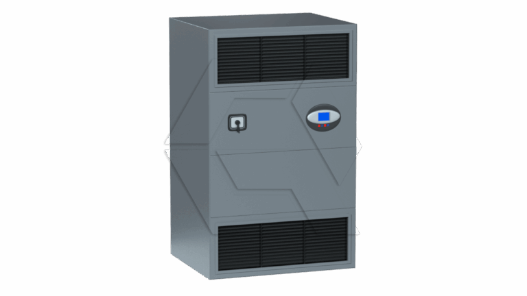 A gray industrial air conditioning unit with black ventilation grilles on the top and bottom, and a small control panel with a display screen on the front.