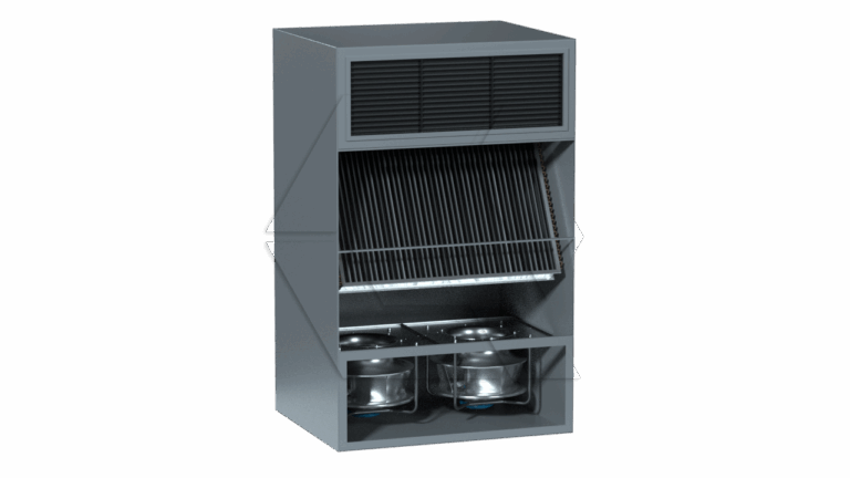 A commercial dish rack and sterilizer machine with an open front showing wire racks holding dishes and compartments below containing metal pots. The unit has a metallic exterior and vented panel at the top.