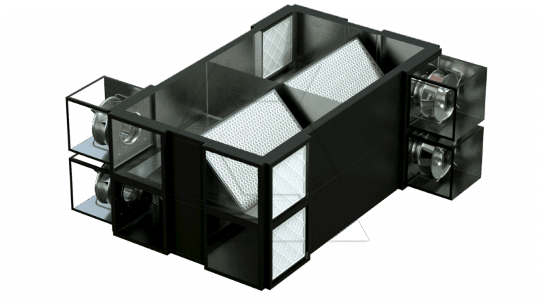 A 3D-rendered image of a black rectangular HVAC unit with visible fans and angled white air filters inside, showcasing the airflow and filtration system.