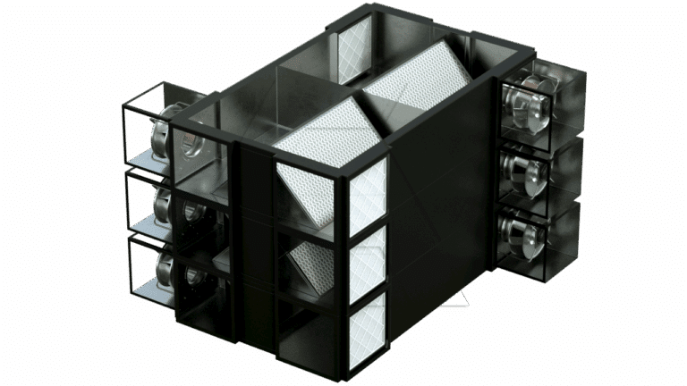 A 3D rendered image of an industrial air filtration unit with multiple fans and large white filters housed in a black rectangular frame, viewed from an elevated angle against a white background.
