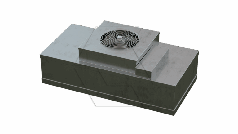 Rectangular metal rooftop HVAC unit with a circular fan grill on top, shown against a plain white background.