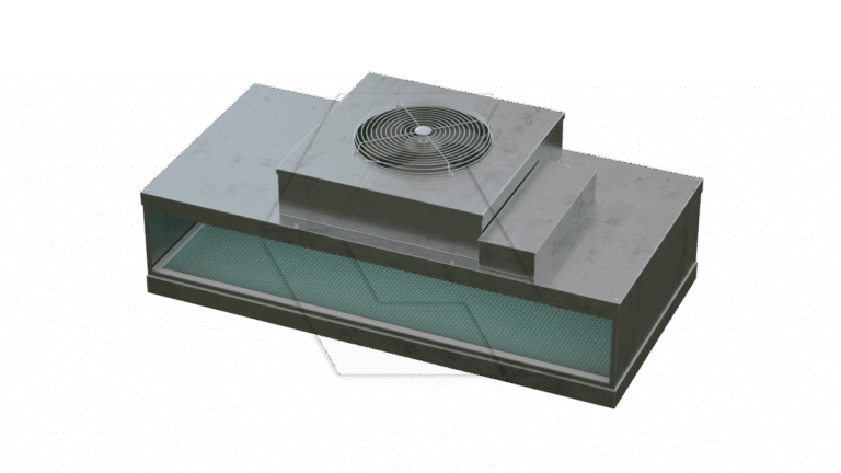 A rectangular metal rooftop air conditioning unit with a visible fan on top and a vented side panel, set against a plain white background.