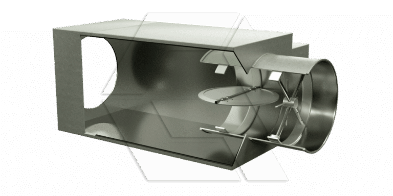 A digital rendering of a metal air duct with a round airflow control damper and actuator mechanisms inside, showing an internal view of the ventilation component.