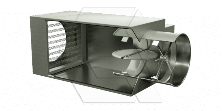 A 3D rendering of an HVAC duct with an internal circular damper, rectangular housing, and coils or fins on one end, showing airflow control components inside a ventilation system.