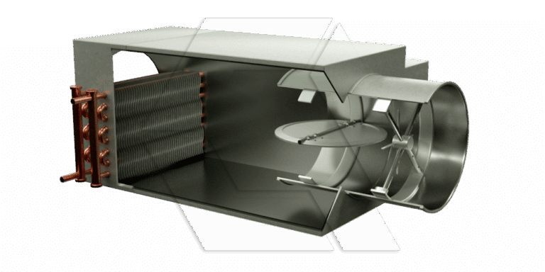 A 3D rendering of an HVAC air handling unit cutaway, showing internal components like a coil on the left and a circular fan on the right.