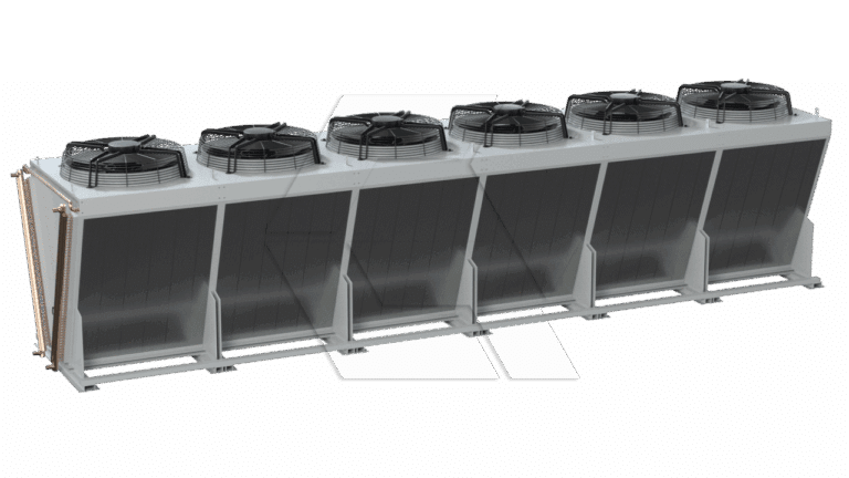 A large industrial air-cooled condenser unit with six black fans on top, set in a row on a rectangular metal frame. The unit has angled heat exchange panels and copper piping on one side.