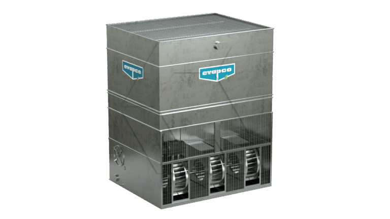 A large industrial cooling tower with metal exterior, labeled "Evapco," featuring ventilation fans visible at the bottom front and grated panels on the upper section.