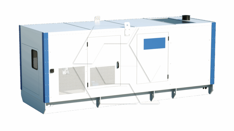 A large, white industrial generator with blue accents, ventilation grilles, and a small smokestack on top, shown against a plain white background.