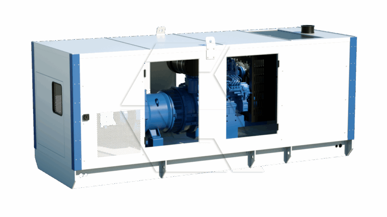 A large industrial diesel generator with a white and blue enclosure, partially open to show the engine and mechanical components inside, isolated on a white background.