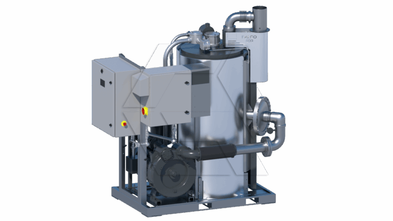 A metallic industrial machine with a cylindrical tank, control panel, pipes, and tubes mounted on a metal frame, designed for mechanical or processing use.