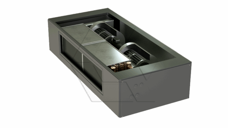 A rectangular metal HVAC air handling unit with visible internal components, including fans and coils, housed in a dark gray casing.