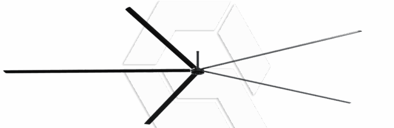 A modern ceiling fan with five long, slim black blades set against a light background with a faint geometric pattern behind it.
