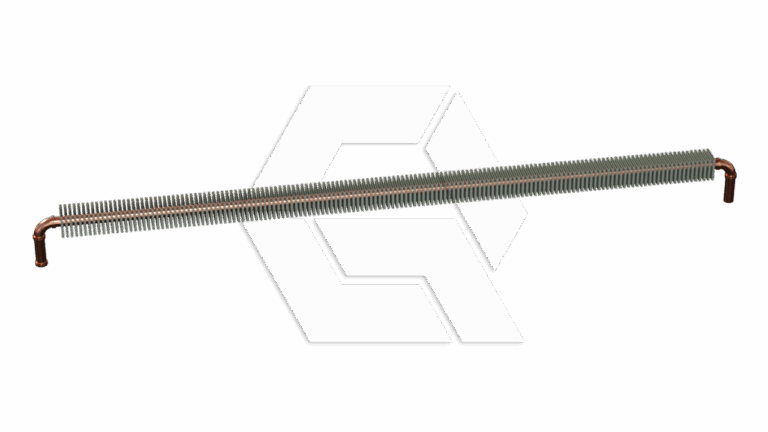 A long, horizontal metal finned tube heat exchanger with copper pipes on each end, used for heating or cooling applications, displayed on a plain white background.
