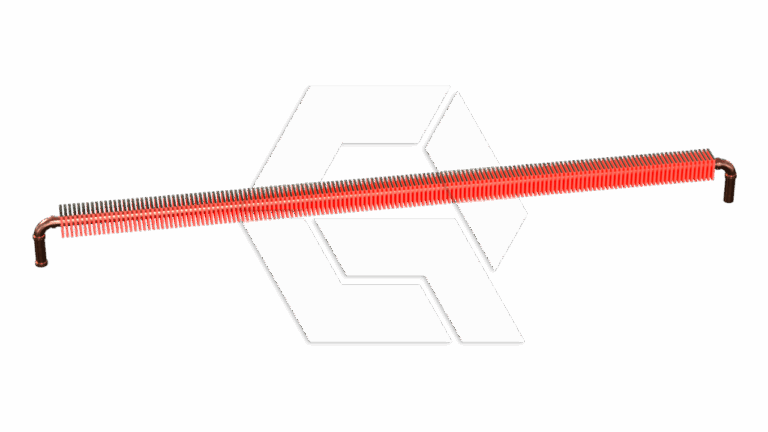 A long, horizontal copper finned tube heat exchanger with orange fins and bent pipe ends, displayed on a light background.