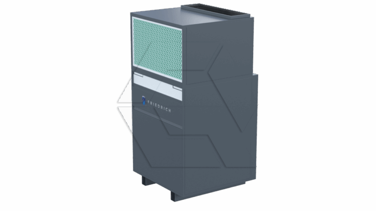 A dark gray Friedrich portable air conditioning unit with a vented front panel and a digital display, standing on small feet against a plain white background.
