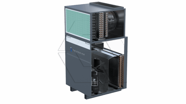 A cutaway view of a Friedrich air conditioning unit, showing internal components like coils, a fan, a compressor, and filter, with the inside layout clearly visible.