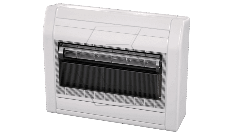 A white wall-mounted air conditioning unit with a black vent and horizontal slats, designed for indoor climate control, is shown against a plain background.