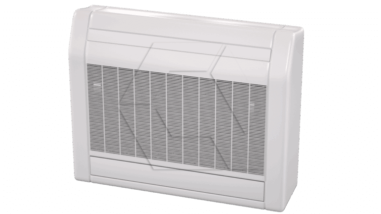 A white floor-mounted air conditioning unit with a vented front panel, displayed against a plain light background. The unit has a sleek, modern design with rounded edges.